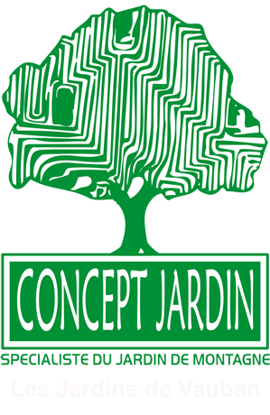Logo de l'entreprise Concept-Jardin Sarl Les Jardins de Vauban, le spécialiste du jardin d'altitude et de montagne, un arbre vert.