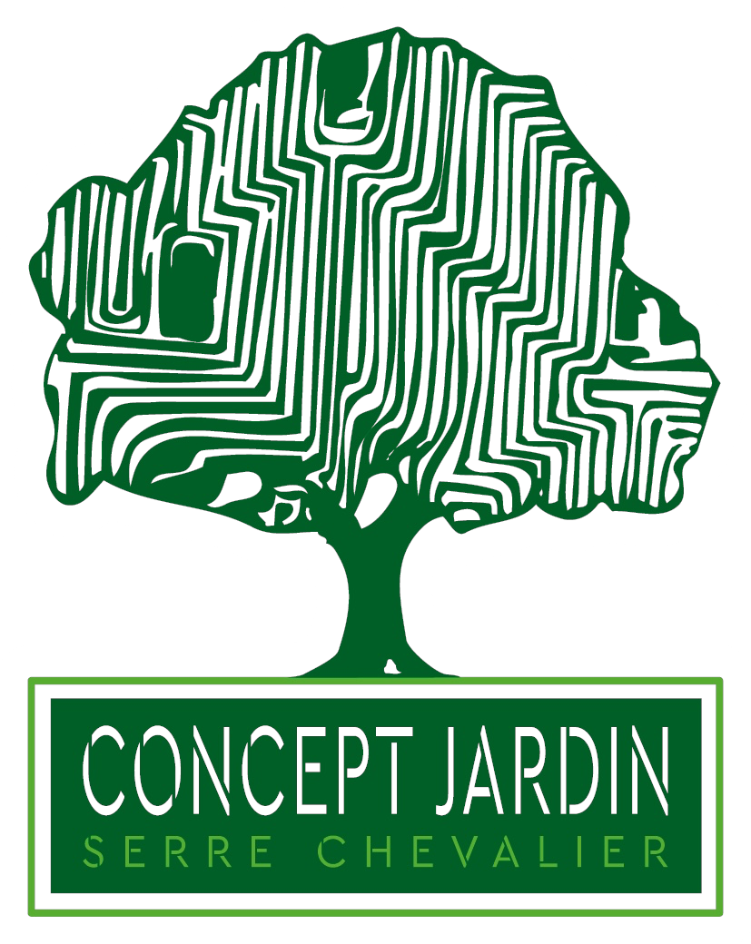 Logo de l'entreprise de paysagiste jardin Concept à Serre-Chevalier. Il représente un arbre vert avec le nom de l'entreprise en dessous.