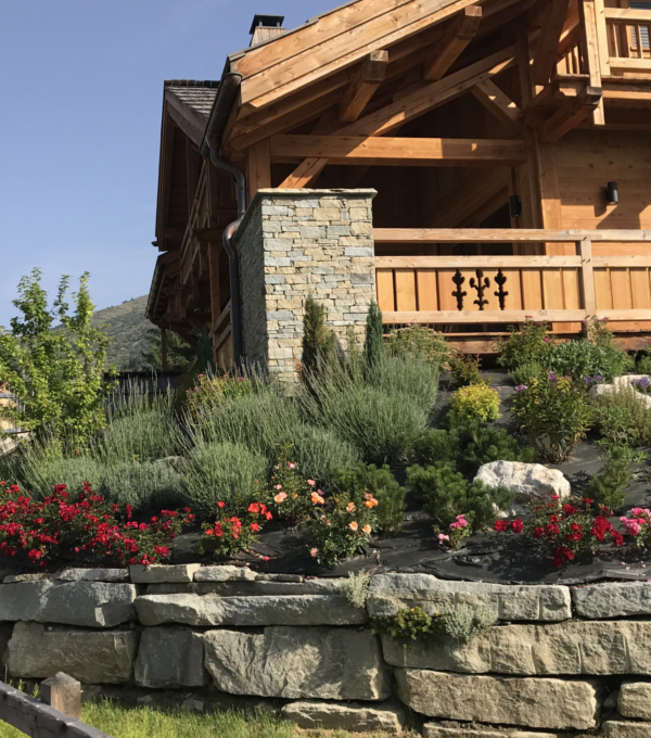 Aménagement extérieur d'un escalier en pierre agrémenté de fleur de montagne, conception et aménagement paysager par Concept jardin